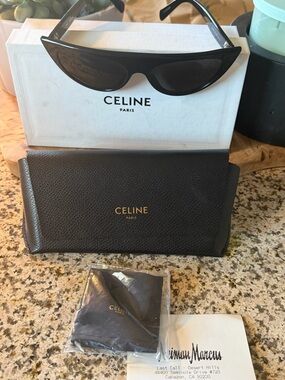 Celine Black Cat-Eye Sunglasses with Brown Textured Case